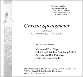 Traueranzeige von Christa Springmeier von Neue Osnabrücker Zeitung GmbH & Co. KG