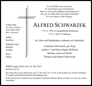 Traueranzeige von Alfred Schwarzek von Neue Osnabrücker Zeitung GmbH & Co. KG