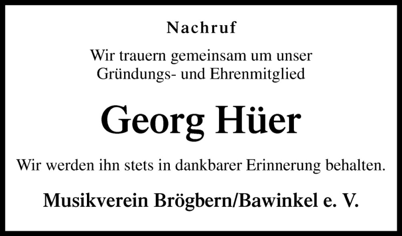  Traueranzeige für Georg Hüer vom 09.05.2015 aus Neue Osnabrücker Zeitung GmbH & Co. KG