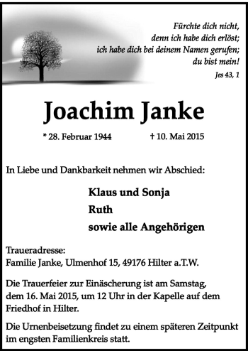 Traueranzeige von Joachim Janke von Neue Osnabrücker Zeitung GmbH & Co. KG