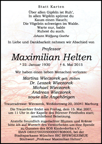 Traueranzeige von Maximilian Helten von Neue Osnabrücker Zeitung GmbH & Co. KG