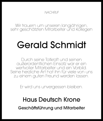 Traueranzeige von Gerald Schmidt von Neue Osnabrücker Zeitung GmbH & Co. KG