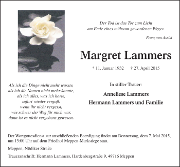 Traueranzeige von Margret Lammers von Neue Osnabrücker Zeitung GmbH & Co. KG