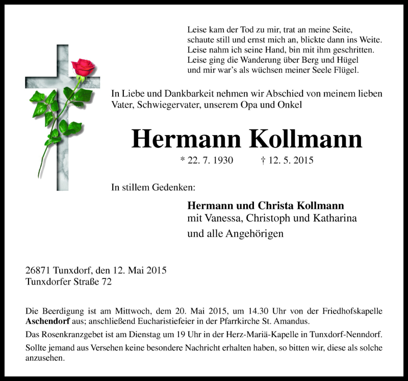  Traueranzeige für Hermann Kollmann vom 16.05.2015 aus Neue Osnabrücker Zeitung GmbH & Co. KG