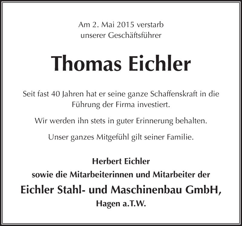  Traueranzeige für Thomas Eichler vom 06.05.2015 aus Neue Osnabrücker Zeitung GmbH & Co. KG