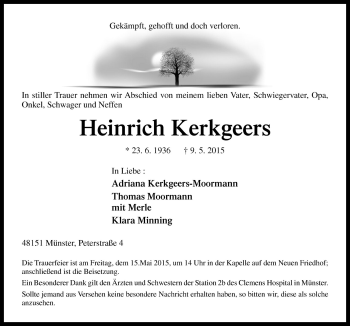 Traueranzeige von Heinrich Kerkgeers von Neue Osnabrücker Zeitung GmbH & Co. KG