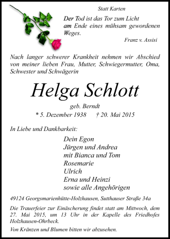 Traueranzeige von Helga Schlott von Neue Osnabrücker Zeitung GmbH & Co. KG