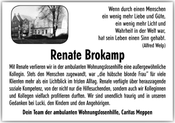 Traueranzeige von Renate Brokamp von Neue Osnabrücker Zeitung GmbH & Co. KG