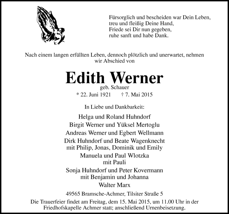  Traueranzeige für Edith Werner vom 12.05.2015 aus Neue Osnabrücker Zeitung GmbH & Co. KG