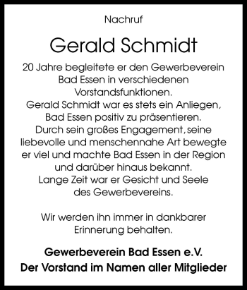 Traueranzeige von Gerald Schmidt von Neue Osnabrücker Zeitung GmbH & Co. KG