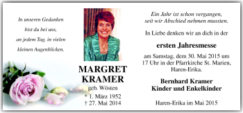 Traueranzeige von Margret Kramer von Neue Osnabrücker Zeitung GmbH & Co. KG