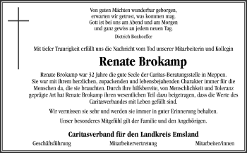 Traueranzeige von Renate Brokamp von Neue Osnabrücker Zeitung GmbH & Co. KG