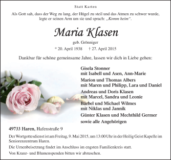 Traueranzeige von Maria Klasen von Neue Osnabrücker Zeitung GmbH & Co. KG