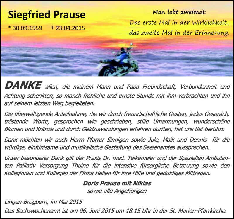  Traueranzeige für Siegfried Prause vom 30.05.2015 aus Neue Osnabrücker Zeitung GmbH & Co. KG