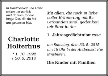 Traueranzeige von Charlotte Holterhus von Neue Osnabrücker Zeitung GmbH & Co. KG