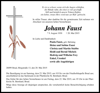 Traueranzeige von Johann Faust von Neue Osnabrücker Zeitung GmbH & Co. KG