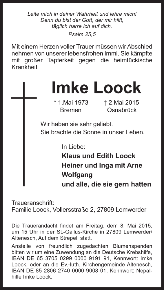  Traueranzeige für Imke Loock vom 05.05.2015 aus Neue Osnabrücker Zeitung GmbH & Co. KG