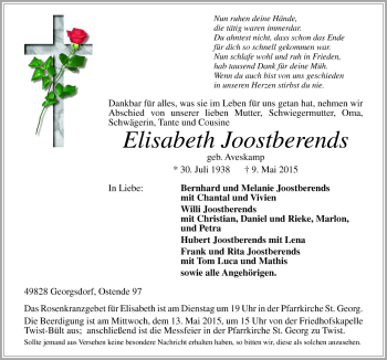 Traueranzeige von Elisabeth Joostberends von Neue Osnabrücker Zeitung GmbH & Co. KG