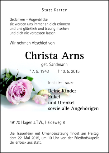 Traueranzeige von Christa Arns von Neue Osnabrücker Zeitung GmbH & Co. KG