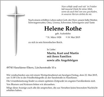 Traueranzeige von Helene Rothe von Neue Osnabrücker Zeitung GmbH & Co. KG