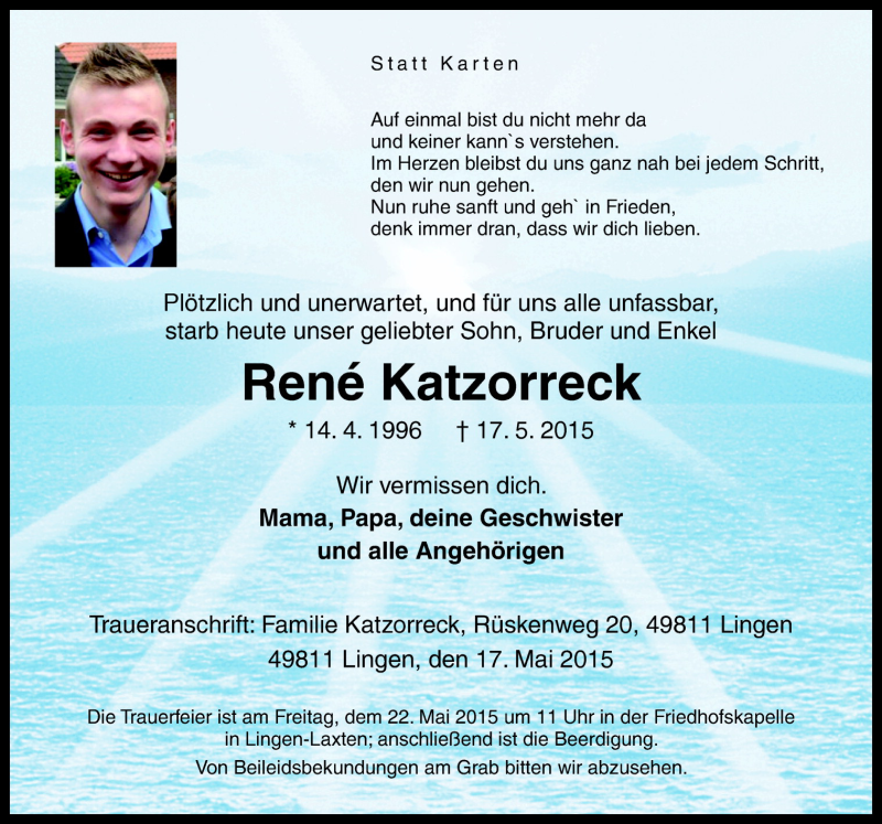  Traueranzeige für Rene Katzorreck vom 20.05.2015 aus Neue Osnabrücker Zeitung GmbH & Co. KG