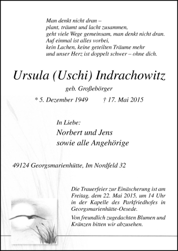 Traueranzeige von Ursula Uschi Indrachowitz von Neue Osnabrücker Zeitung GmbH & Co. KG