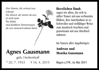 Traueranzeige von Agnes Gausmann von Neue Osnabrücker Zeitung GmbH & Co. KG