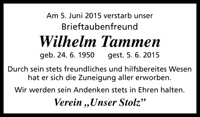  Traueranzeige für Wilhelm Tammen vom 11.06.2015 aus Neue Osnabrücker Zeitung GmbH & Co. KG
