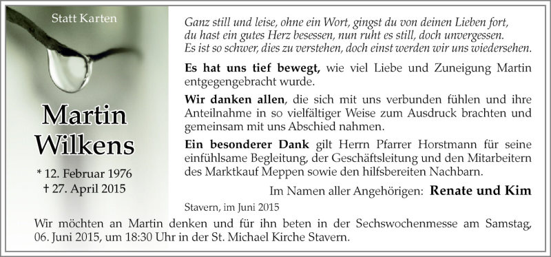 Traueranzeige für Martin Wilkens vom 03.06.2015 aus Neue Osnabrücker Zeitung GmbH & Co. KG