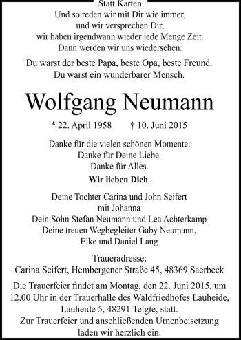 Traueranzeige von Wolfgang Neumann von Neue Osnabrücker Zeitung GmbH & Co. KG