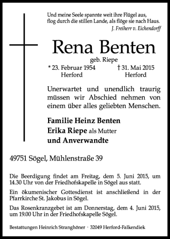 Traueranzeige von Rena Benten von Neue Osnabrücker Zeitung GmbH & Co. KG