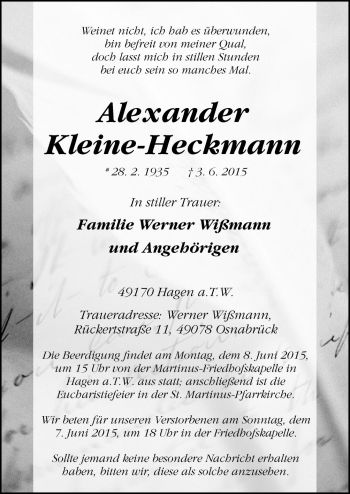 Traueranzeige von Alexander Kleine-Heckmann von Neue Osnabrücker Zeitung GmbH & Co. KG