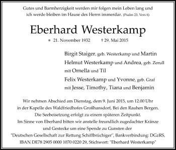 Traueranzeige von Eberhard Westerkamp von Neue Osnabrücker Zeitung GmbH & Co. KG
