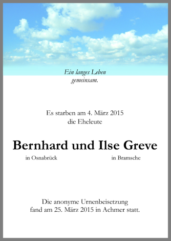 Traueranzeige von Bernhard und Ilse Greve von Neue Osnabrücker Zeitung GmbH & Co. KG