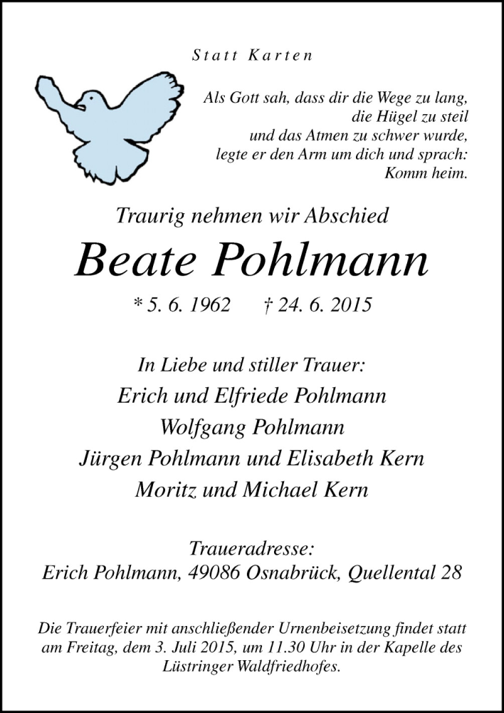 Traueranzeige für Beate Pohlmann vom 27.06.2015 aus Neue Osnabrücker Zeitung GmbH & Co. KG