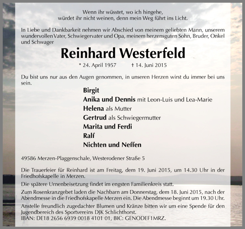  Traueranzeige für Reinhard Westerfeld vom 16.06.2015 aus Neue Osnabrücker Zeitung GmbH & Co. KG