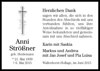 Traueranzeige von Anni Strößner von Neue Osnabrücker Zeitung GmbH & Co. KG