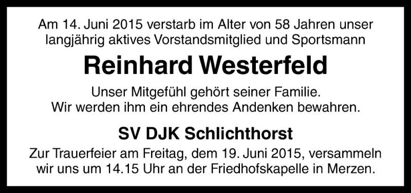  Traueranzeige für Reinhard Westerfeld vom 17.06.2015 aus Neue Osnabrücker Zeitung GmbH & Co. KG