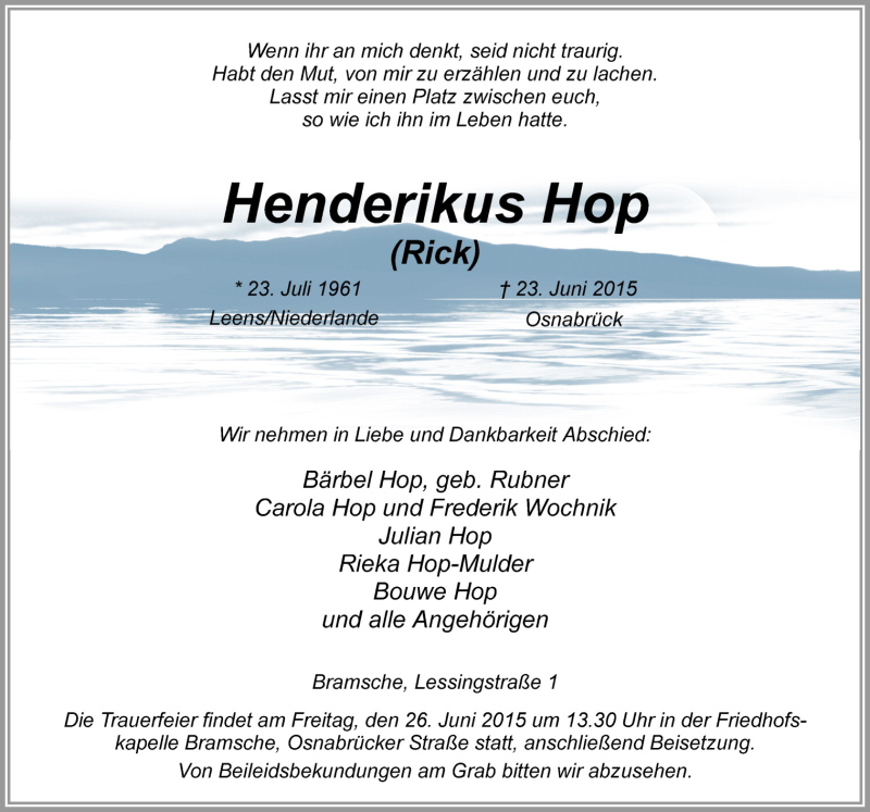  Traueranzeige für Henderikus Hop vom 26.06.2015 aus Neue Osnabrücker Zeitung GmbH & Co. KG