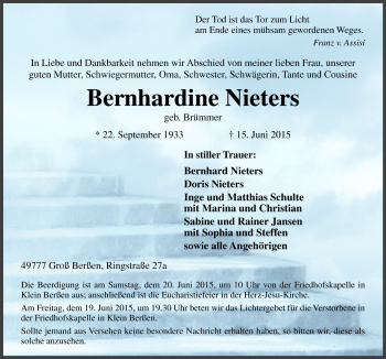 Traueranzeige von Bernhardine Nieters von Neue Osnabrücker Zeitung GmbH & Co. KG