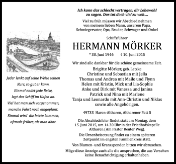 Traueranzeige von Hermann Mörker von Neue Osnabrücker Zeitung GmbH & Co. KG