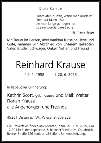 Traueranzeige von Reinhard Krause von Neue Osnabrücker Zeitung GmbH & Co. KG