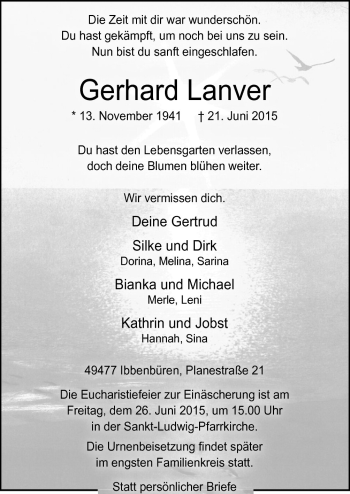 Traueranzeige von Gerhard Lanver von Neue Osnabrücker Zeitung GmbH & Co. KG