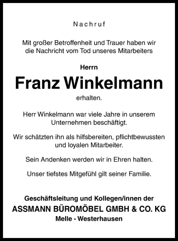Traueranzeige von Franz Winkelmann von Neue Osnabrücker Zeitung GmbH & Co. KG