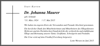 Traueranzeige von Johanna Maurer von Neue Osnabrücker Zeitung GmbH & Co. KG
