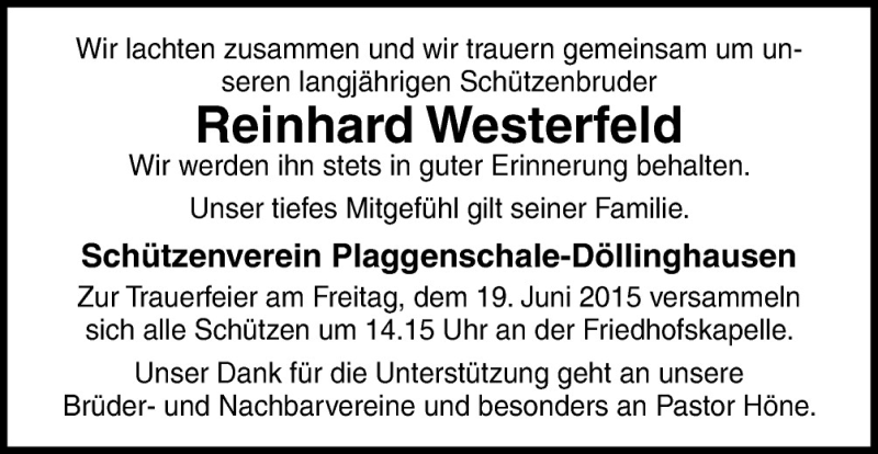  Traueranzeige für Reinhard Westerfeld vom 18.06.2015 aus Neue Osnabrücker Zeitung GmbH & Co. KG