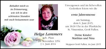 Traueranzeige von Helga Lammers von Neue Osnabrücker Zeitung GmbH & Co. KG