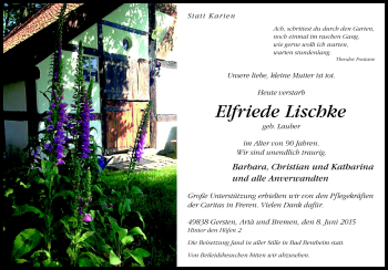 Traueranzeige von Elfriede Lischke von Neue Osnabrücker Zeitung GmbH & Co. KG