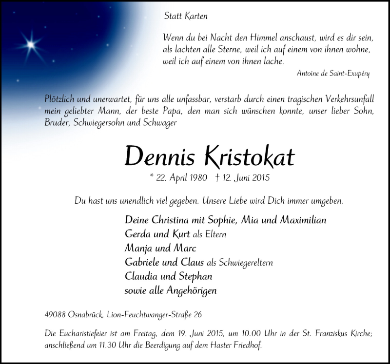  Traueranzeige für Dennis Kristokat vom 17.06.2015 aus Neue Osnabrücker Zeitung GmbH & Co. KG