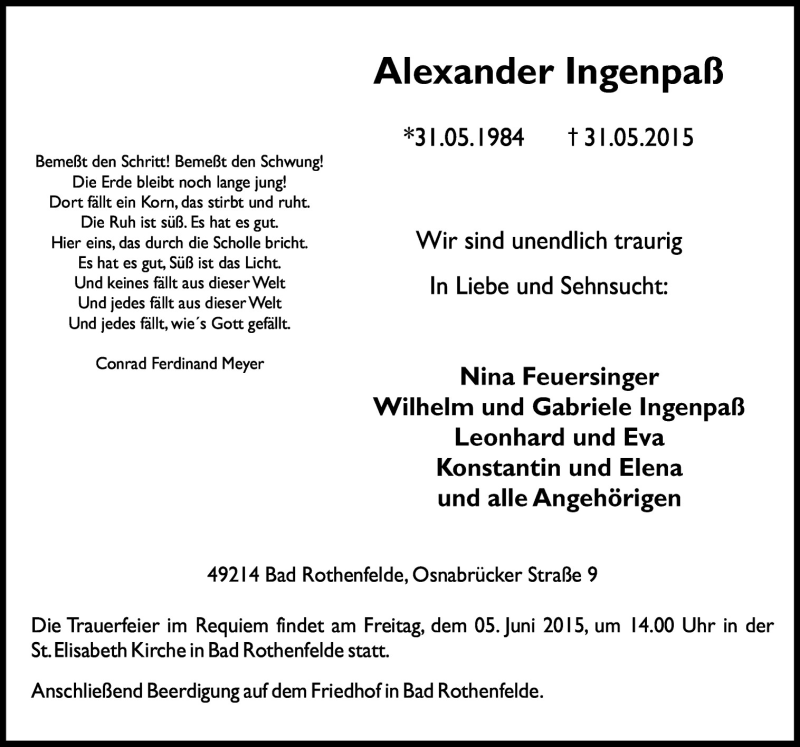  Traueranzeige für Alexander Ingenpaß vom 03.06.2015 aus Neue Osnabrücker Zeitung GmbH & Co. KG